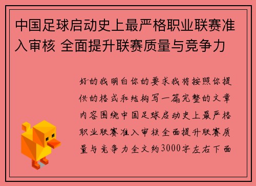 中国足球启动史上最严格职业联赛准入审核 全面提升联赛质量与竞争力